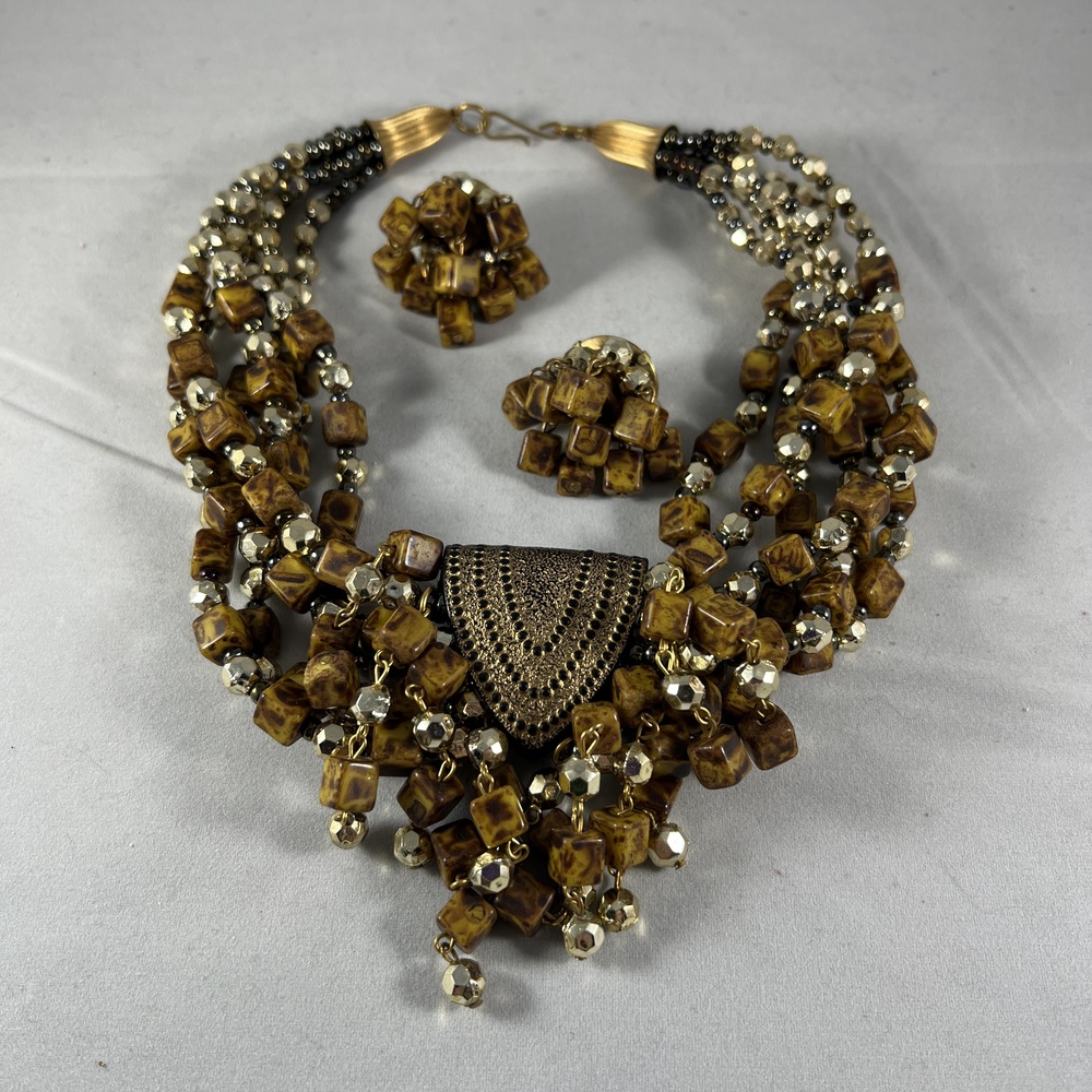Tiger Eye Necklace Clip-On Earrings Set Brown Gold Tone Multi-Strand Boho Earthy